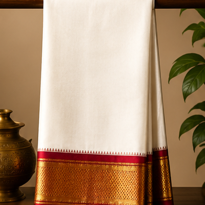 Premium Ivory Dhoti with Grand Gold Zari Border & Maroon Edge
