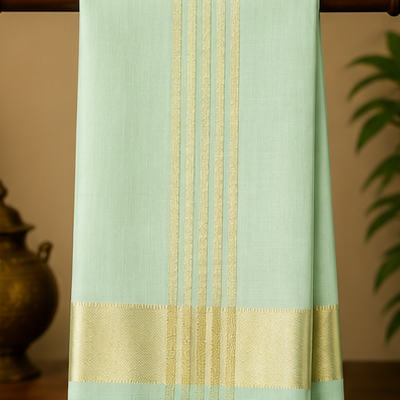 Premium Mint Green Cotton-Silk Dhoti with Classic Gold Zari Border
