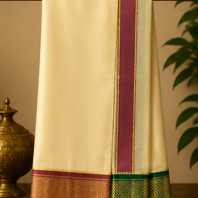 Premium Cream Silk Dhoti with Dual Maroon & Emerald Zari Border