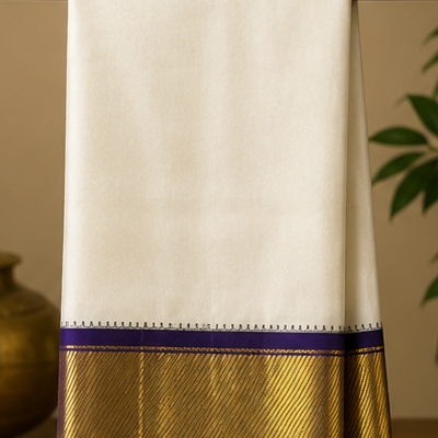 Premium Ivory Dhoti with Rich Gold Zari Border & Royal Purple Edge
