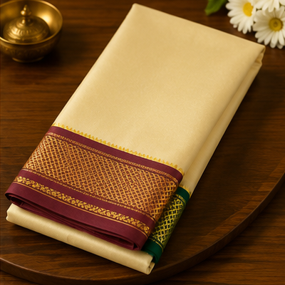 Premium Cream Silk Dhoti with Dual Maroon & Emerald Zari Border