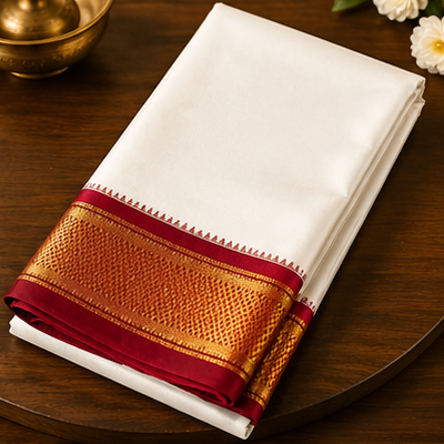 Premium Ivory Dhoti with Grand Gold Zari Border & Maroon Edge