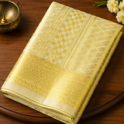 Premium Gold Jacquard Silk Dhoti with Designer Zari Border
