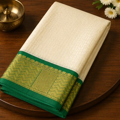 Traditional Cream Silk Emerald Green & Zari Border