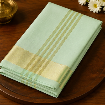 Premium Mint Green Cotton-Silk Dhoti with Classic Gold Zari Border