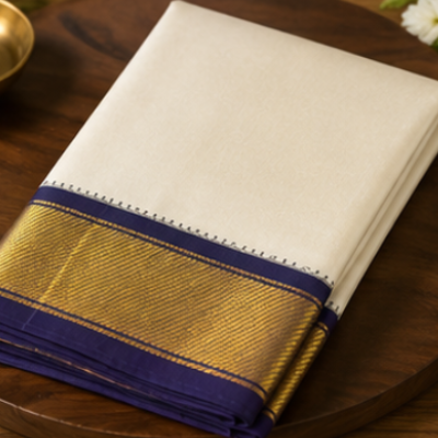 Premium Ivory Dhoti with Rich Gold Zari Border & Royal Purple Edge