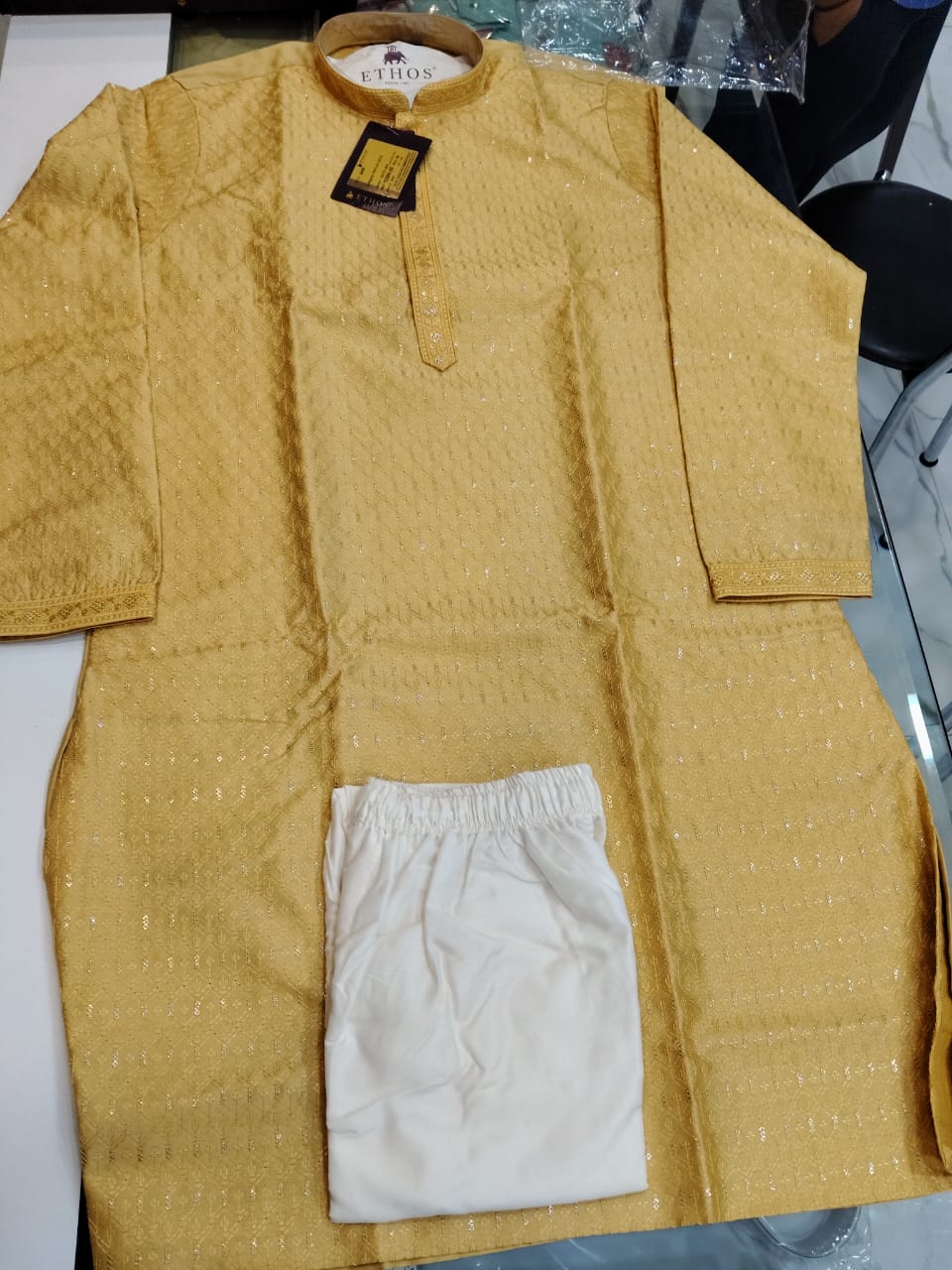 Yellow kurta with white pants