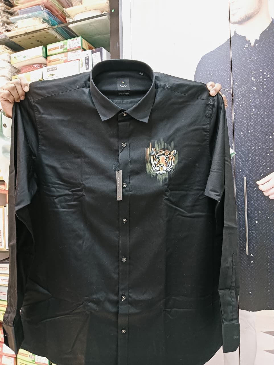 Black Cotton Shirt with Tiger Emblem