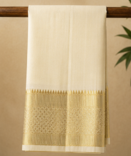 Cotton Blend Readymade White Dhoti with Fancy Jari Border
