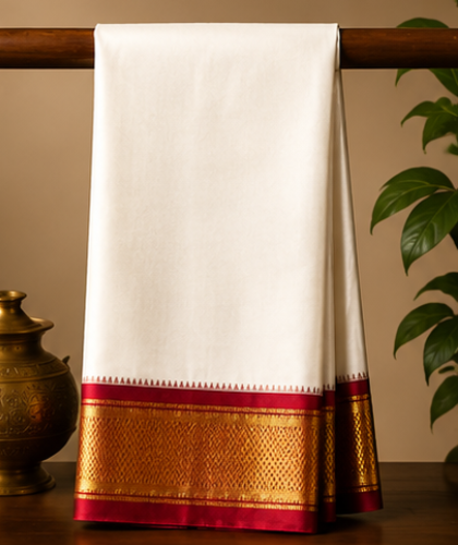 Cotton Blend Readymade White Dhoti with Fancy Jari Border
