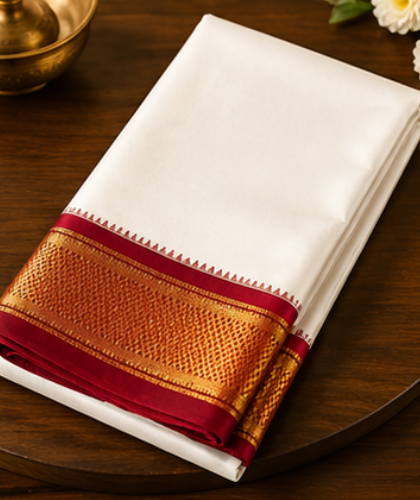 Cotton Blend Readymade White Dhoti with Fancy Jari Border