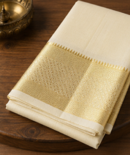 Cotton Blend Readymade White Dhoti with Fancy Jari Border