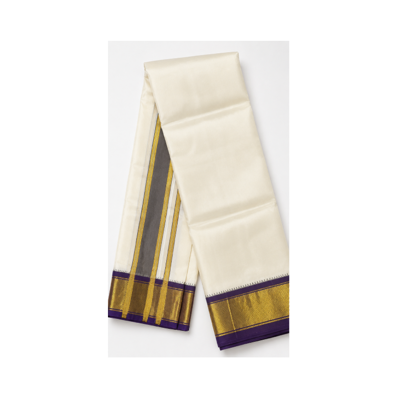Premium Ivory Dhoti with Rich Gold Zari Border & Royal Purple Edge