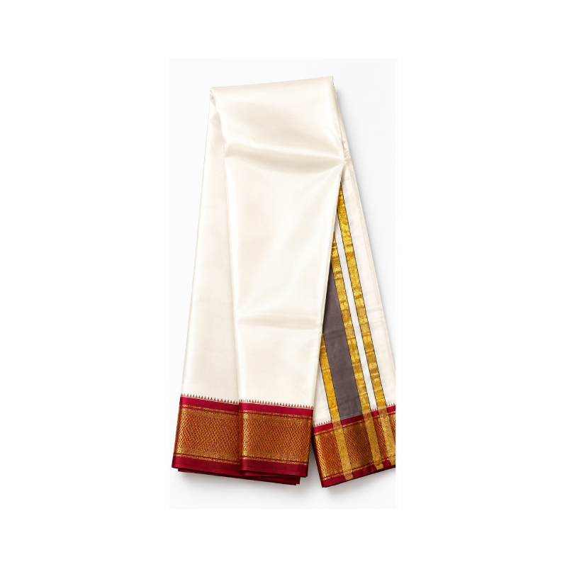 Premium Ivory Dhoti with Grand Gold Zari Border & Maroon Edge
