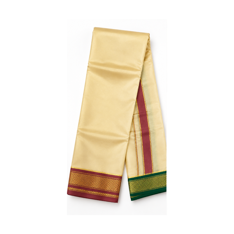 Premium Cream Silk Dhoti with Dual Maroon & Emerald Zari Border