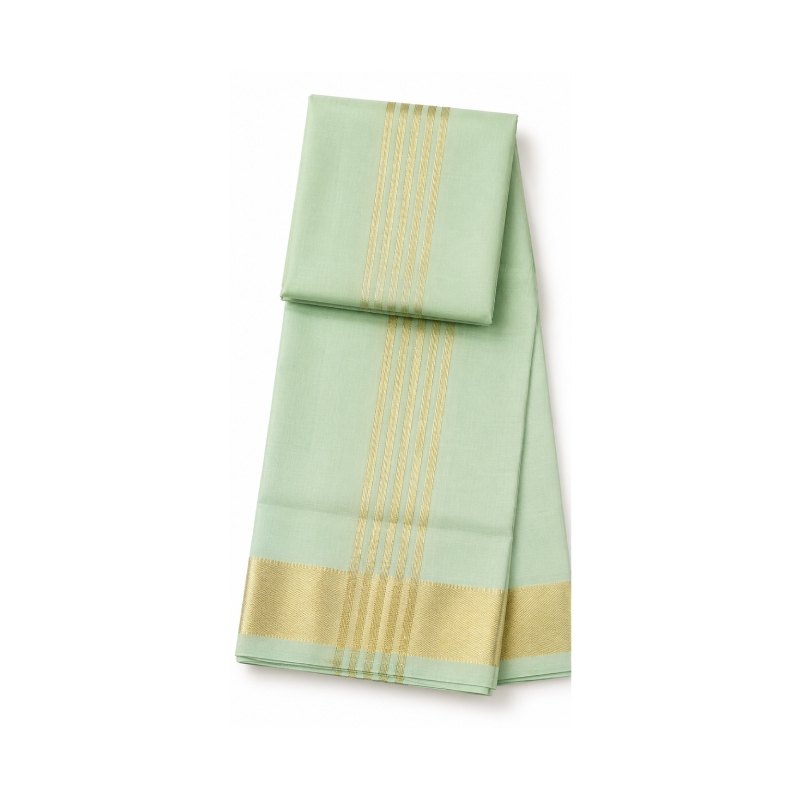 Premium Mint Green Cotton-Silk Dhoti with Classic Gold Zari Border